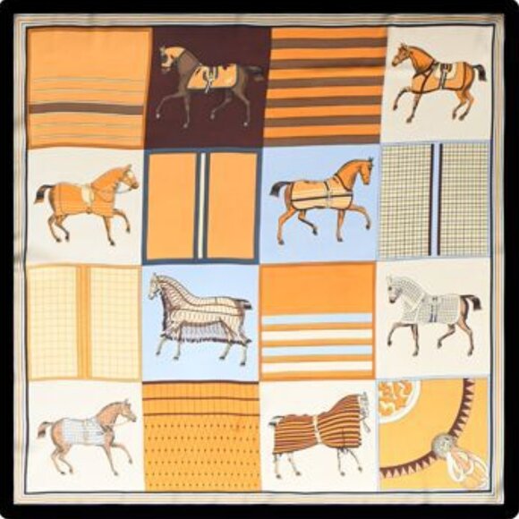 2/$30 Equestrian-Themed Silk Satin Scarf Horses Large Square Orange Black - Picture 5 of 6